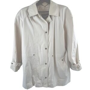 Etienne Aigner Womens 14 VINTAGE Cream Rain Coat Leather Trim Korea FLAW